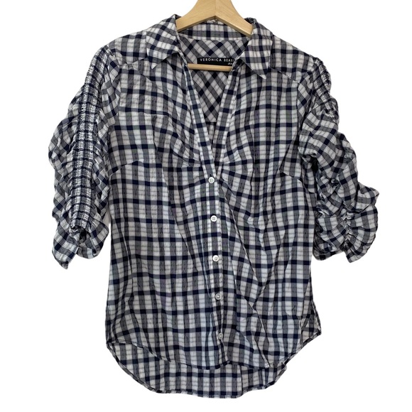 Veronica Beard Tops - Veronica Beard Jeans Black White Plaid Ruched Button Front Top